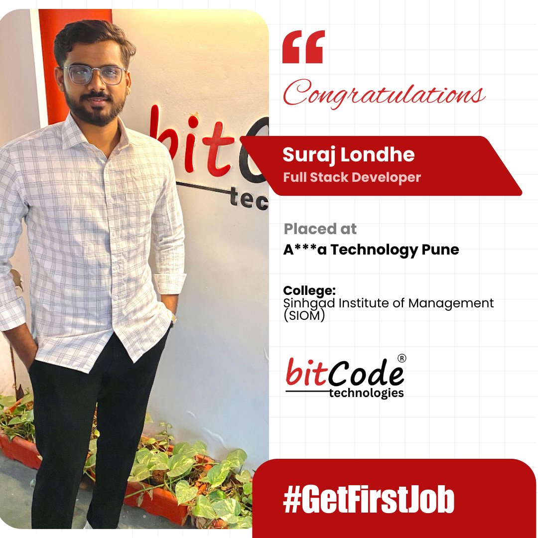 BitcodeTech's tweet photo. Congratulations Suraj, On your successful placement as a #JavaFullStackDeveloper. 
We wish you all the best! Get Trained, Get Placed!  
#GetFirstJob #BitCode #FullStackDevelopment #FresherJobs #Placement #mernstackjobs #fresherjobs #punejobs #BitCodeSuccessStories #Success #Jobs https://t.co/GduNRiRHn4