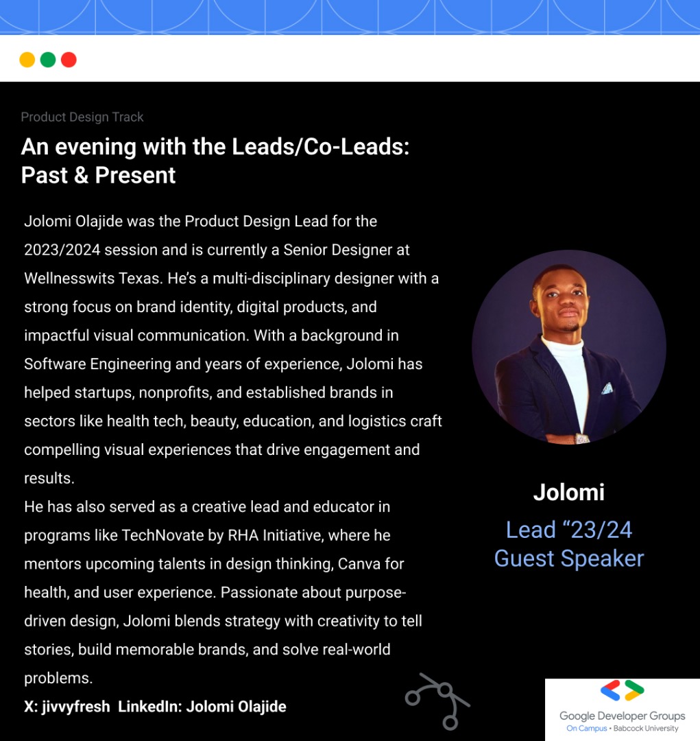 Oluwadayomisi_O's tweet photo. 🗓️ Sunday, April 20th, 2025 🕖 7 PM 📍 Live on X Space 🎙️ Hosted by yours truly 😉
Speakers: @lifeoftanny @layothebaby @jivvyfresh @Crownzdesigns 

#GDGBabcock #ProductDesign #TechLeadership #DesignCommunity #BuildWithGDG https://t.co/OYv3gLXo2O