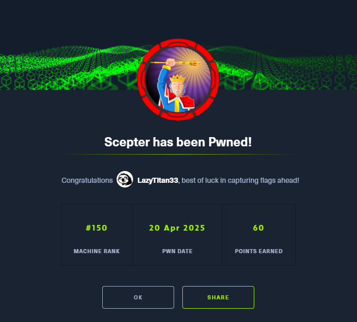 I just pwned Scepter on <a href="/hackthebox_eu/">Hack The Box</a>! This one was fun. Battled through it until I got user eventually but I got hard stuck on root privesc. Thanks to <a href="/seriotonctf/">serioton</a> I was able to push through and get it done. Much appreciated. #HackTheBox #htb #CyberSecurity #EthicalHacking