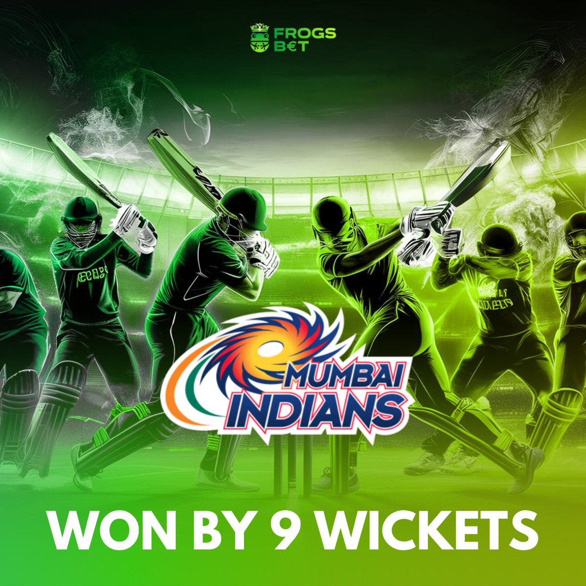 FrogsBet's tweet photo. Mumbai Indians crush it with a massive 𝟗-𝐰𝐢𝐜𝐤𝐞𝐭 𝐯𝐢𝐜𝐭𝐨𝐫𝐲!

Pure class, pure control!
Did you predict this on Frogsbet?

#Frogsbet #MumbaiIndians #CricketWin https://t.co/H6lDUYZihn