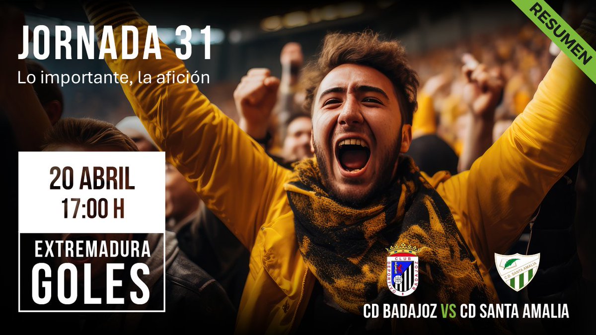 oficialextv's tweet photo. ✅⚽ Disponible el resumen del partido entre el @CDBadajoz y @CDSantaAmalia correspondiente a la #J31 de 𝐄𝐱𝐭𝐫𝐞𝐦𝐚𝐝𝐮𝐫𝐚 𝐆𝐨𝐥𝐞𝐬.

📲 En 𝐚𝐛𝐢𝐞𝐫𝐭𝐨 y 𝐠𝐫𝐚𝐭𝐮𝐢𝐭𝐨 en nuestra APP TV o APP Móvil (iOS/Android):
👉🔗 https://t.co/jkVHDgoWdh

#CDB ✘ #EXTV https://t.co/1ZvaQ3Prza