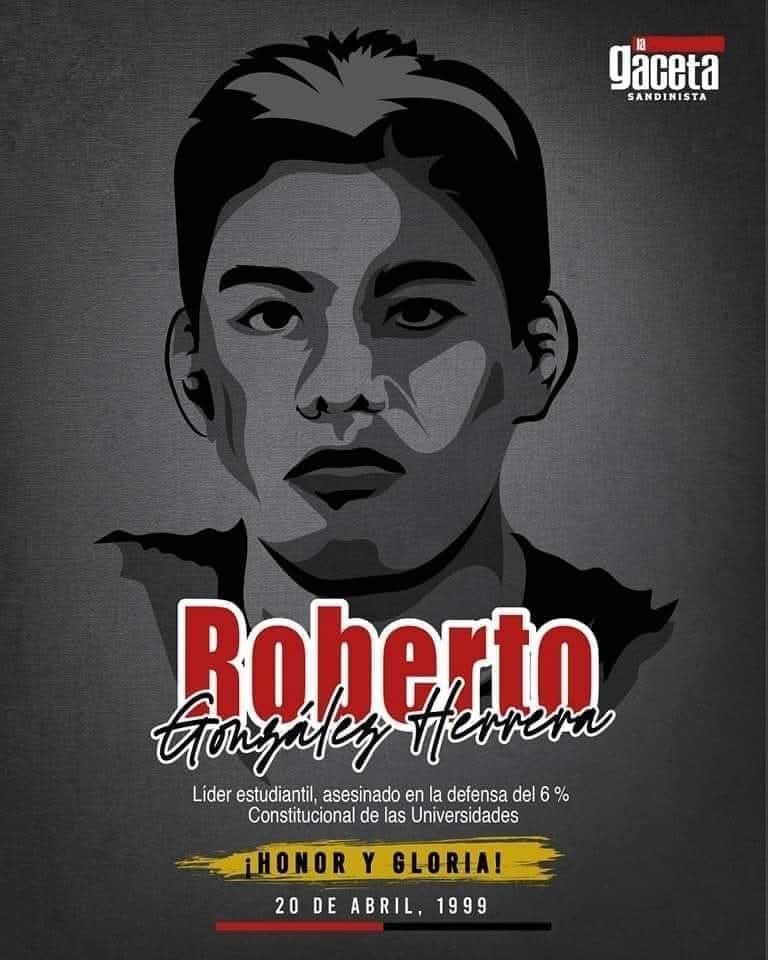20 de abril 1999: En el marco de la lucha estudiantil en defensa del 6%, cayó el estudiante Roberto González, en las instalaciones del Banco Central de Nicaragua. 
🌿🤍Honor y Gloria ✊🏼
#PLOMO19