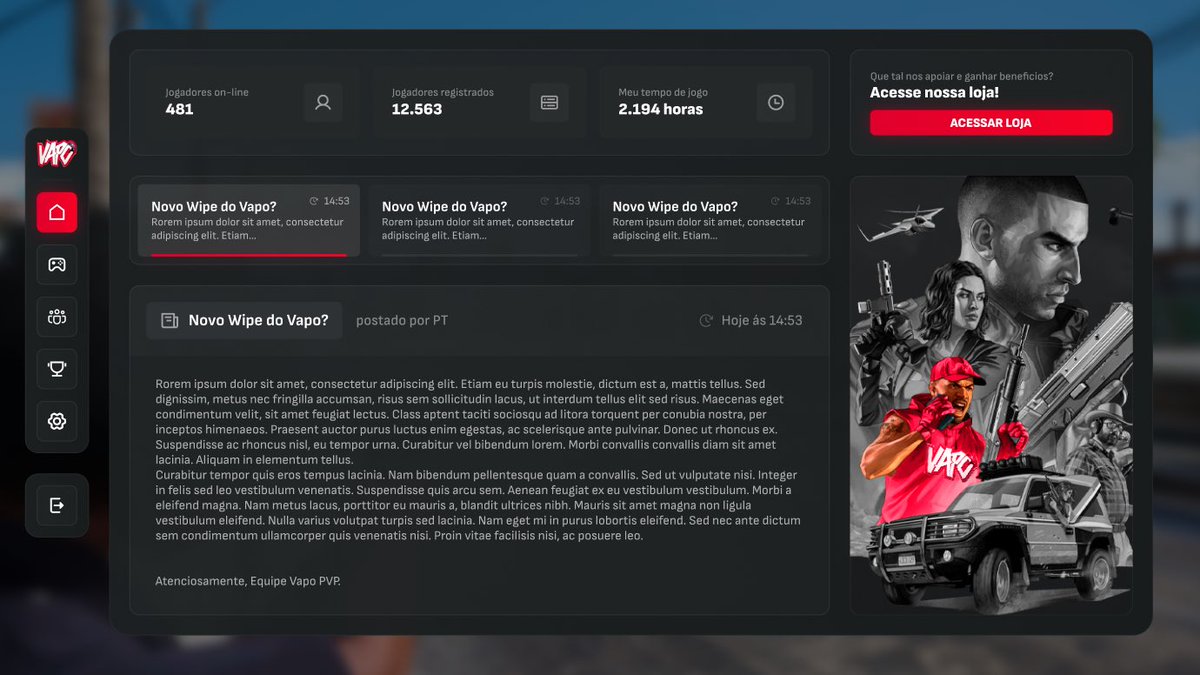 VapoPvp's tweet photo. 🚨 A NOVA DASHBOARD DO VAPO PVP CHEGOU! 🚨 

Fique por dentro do servidor Vapo PvP: 

🔥 Jogadores online em tempo real  
📈 N° de jogadores registrados  
⏱️ Seu tempo total de jogo  
📰 Últimas notícias e atualizações

Visual moderno e funcional para a melhor comunidade do FiveM https://t.co/xzkpsadu62