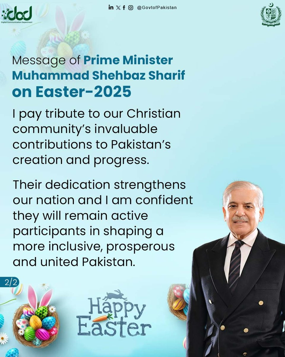 MoIB_Official's tweet image. Prime Minister Muhammad Shehbaz Sharif extends heartfelt Easter greetings, highlighting the values of compassion, humility, and hope in the teachings of Jesus Christ.
#PMShahbazSharif #MessageOfPeace #moib_official #InterfaithHarmony #GovtofPak #HopeAndRenewal
