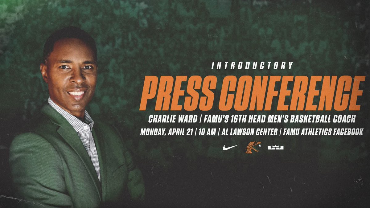 Florida A&M Athletics (@famuathletics) on Twitter photo ๐ง๐ต๐ฒ ๐๐ต๐ฎ๐ฟ๐น๐ถ๐ฒ ๐ช๐ฎ๐ฟ๐ฑ ๐๐ฟ๐ฎ ๐๐ฒ๐ด๐ถ๐ป๐ ๐ก๐ผ๐ ๐ ๐ข
Introductory press conference to announce Charlie Ward as Florida A&M 16th Head Menโs Basketball Coach!
Date: Monday, April 21
Time: 10 a.m.
Where: Alfred Lawson Center
#FAMU | #Rattlers | #FangsUp ๐ ๐ง๐ต๐ฒ ๐๐ต๐ฎ๐ฟ๐น๐ถ๐ฒ ๐ช๐ฎ๐ฟ๐ฑ ๐๐ฟ๐ฎ ๐๐ฒ๐ด๐ถ๐ป๐ ๐ก๐ผ๐ ๐ ๐ข
Introductory press conference to announce Charlie Ward as Florida A&M 16th Head Menโs Basketball Coach!
Date: Monday, April 21
Time: 10 a.m.
Where: Alfred Lawson Center
#FAMU | #Rattlers | #FangsUp ๐