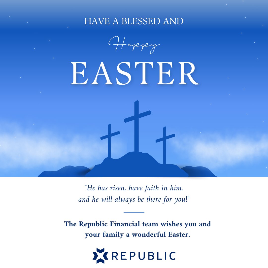 RepublicFin's tweet photo. From all of us at Republic Financial — Happy Easter! 🕊️

Today we celebrate the power of Faith. Let us be reminded that through Him, all things are possible. ��️

#HeIsRisen #EasterSunday #FaithFirst #RepublicFinancialFamily https://t.co/09GWqm4fDt
