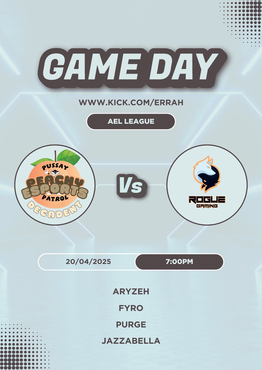 Peachy_eSports's tweet photo. 🚨 DOUBLE GAME DAY!🚨 

🔴 @AMeLeague
Division 8.2: 

Peachy Decadent vs Rogue Gaming
🕐 7:00PM GMT
📽 https://t.co/zvCilnFI4v 

Peachy Decadent vs  Bad Schedule 
🕑 8:30PM GMT
📽 https://t.co/MnN4QzIAJa 

🍑 @Aryzeh 
🍑 @FyroSZNx 
🍑 @_Purgey
🍑 @JazmynAdele https://t.co/drD7GLiVdD