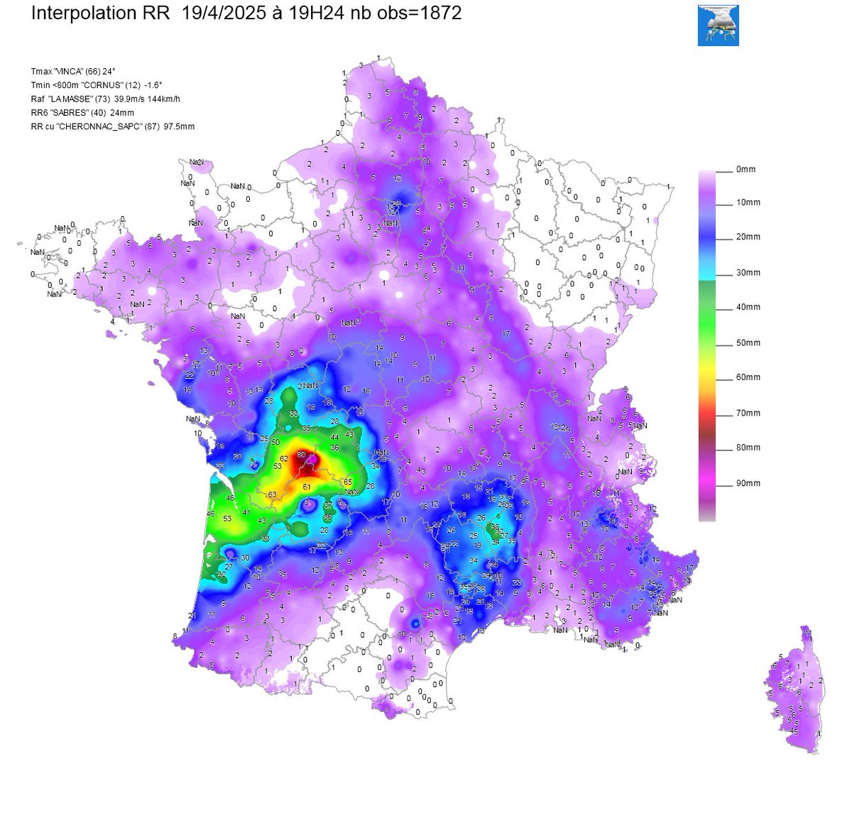 meteophile's tweet photo. cumul de précipitation observé en 24H du 19/4/2025 à 19H24 au 20/4/2025 à 19H18
https://t.co/TvPD322NhM https://t.co/h8UaHtUWO1