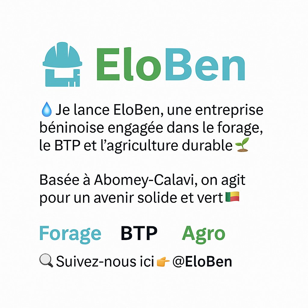 eloben229's tweet photo. 🌿 Bienvenue chez EloBen !
⚙️ L’ingéniosité au service du développement
💧 Eau | 🧱 BTP | 🌱 Agriculture | 🛠️ Services | 🎓 Formations
📍 Basés à Abomey-Calavi, Bénin
🌍 Pour un avenir durable, ensemble.
suivez-nous nous @eloben229 #EloBen #Bénin #Développemen https://t.co/WVGP3RJSJv