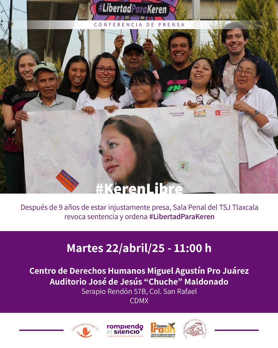 #ConferenciaDePrensa

#KerenLibre

Este martes 22 de abril a las 11:00 hrs realizaremos una conferencia de prensa en el auditorio José de Jesús Maldonado del Centro Prodh, para compartir junto con Keren, más información sobre esta importante noticia de justicia.

¡Acompáñanos!