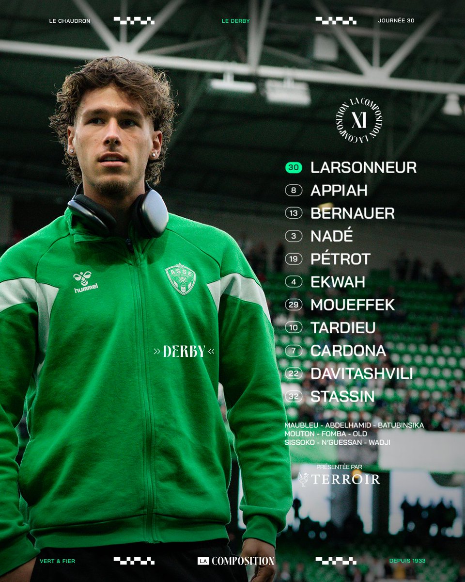 ASSEofficiel's tweet photo. 💚 Le XI stéphanois pour ce 126e Derby ! 👊🆚