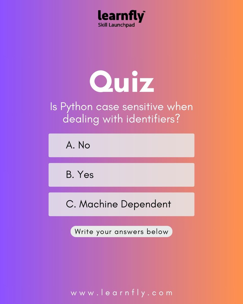 learnfly's tweet photo. Quick Python Challenge!

Is Python case sensitive when it comes to identifiers like variable names? 🤔

Think you know the answer? Drop it in the comments! ⬇️ Let’s see who gets it right! 💡

#Learnfly #PythonQuiz #DevTrivia #CodeChallenge #LearnPython #ThinkCodeShare https://t.co/yOVHlkNEU0
