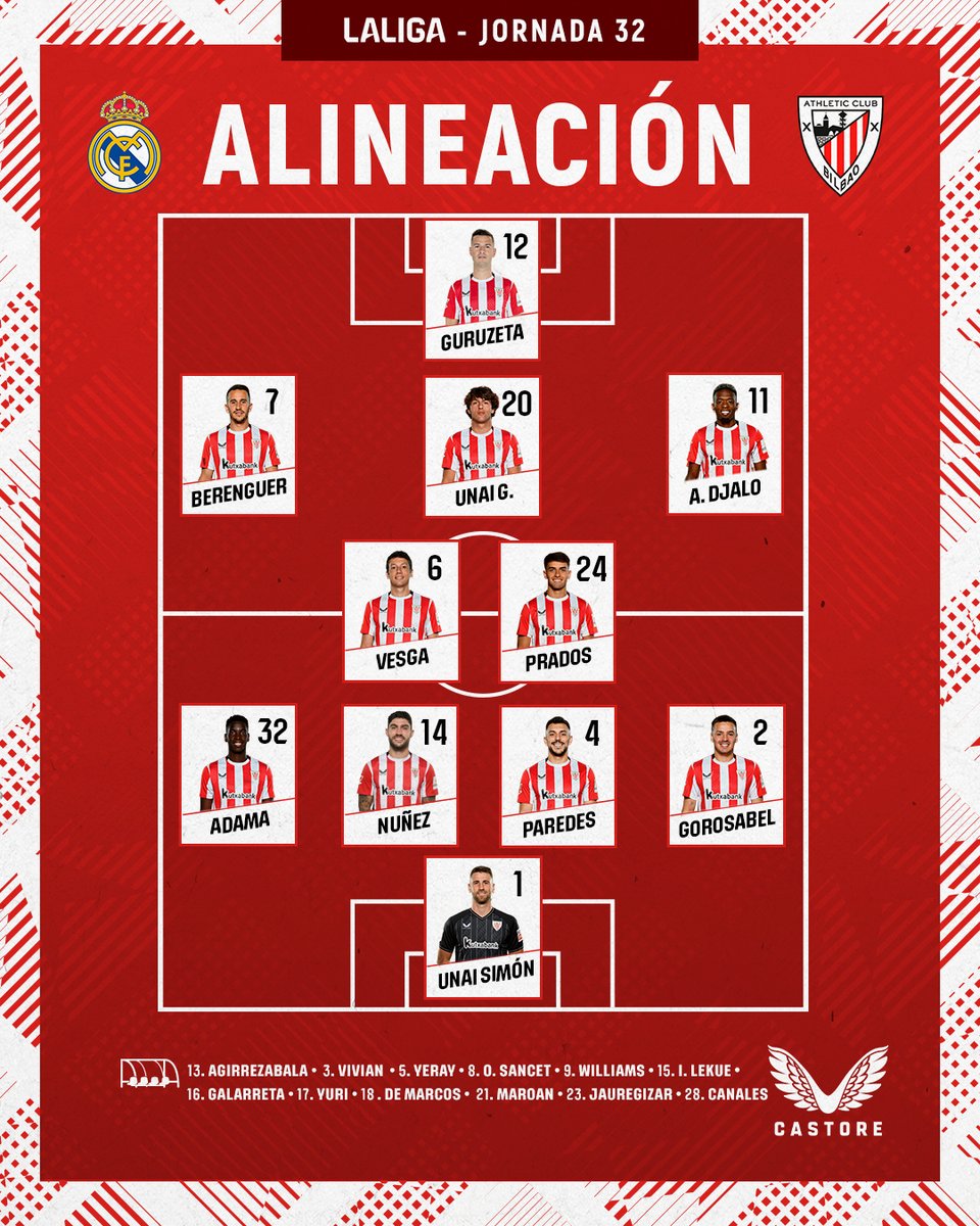 AthleticClub's tweet photo. 🔴⚪ 𝗔𝗟𝗜𝗡𝗘𝗔𝗖𝗜𝗢́𝗡 🆚 @realmadrid 

Aurrera, mutilak!

#RealMadridAthletic #AthleticClub 🦁 https://t.co/NScIgdKVWz
