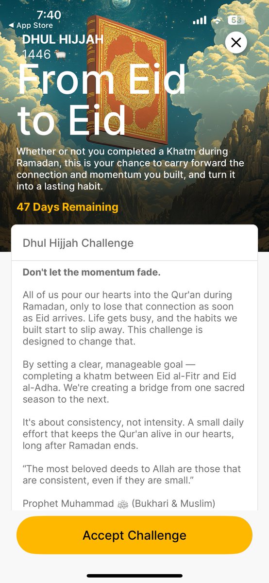 farah_emad21's tweet image. From Eid to Eid, don’t let the momentum fade.
الأبلكيشن الجميل بيقولك لو مكملتش ختمة رمضان خد التشالنج وخلصها قبل العيد الكبير ما يجي.