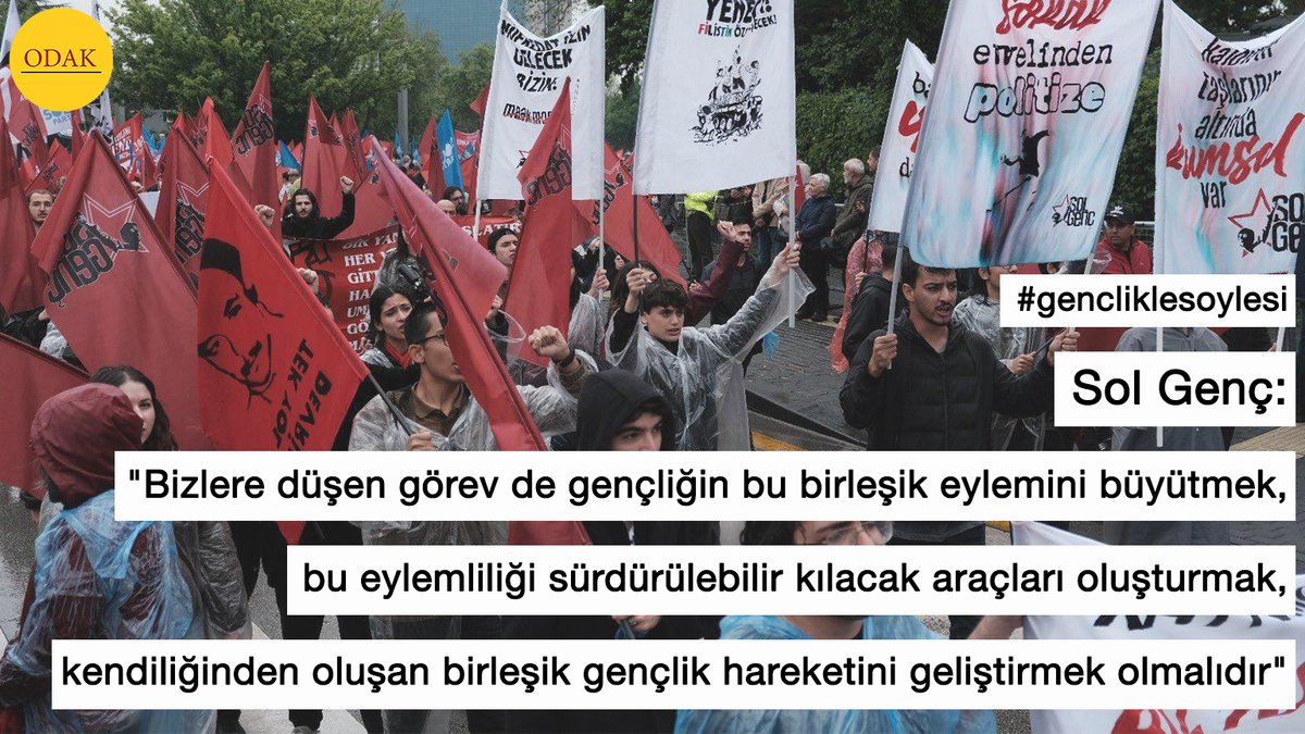 📌#gencliklesoylesi

Sol Genç (@solgencyedek): “Bizlere düşen görev de gençliğin bu birleşik eylemini büyütmek, bu eylemliliği sürdürülebilir kılacak araçları oluşturmak, kendiliğinden oluşan birleşik gençlik hareketini geliştirmek olmalıdır”

odakdergisi2.com/genclikle-soyl…

"Erdoğan ++