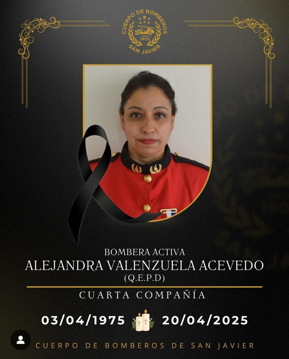 𝗖𝗢𝗡𝗗𝗢𝗟𝗘𝗡𝗖𝗜𝗔𝗦 | 🕊 Bomberos de Chile envía sus más sentidas condolencias a la familia, amigos, integrantes de la Cuarta Compañía y al CB de #SanJavier, por el sensible fallecimiento de la Bombera activa, Alejandra Valenzuela Acevedo (Q.E.P.D.).