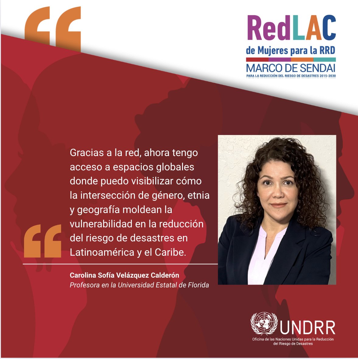 UNDRR_Americas's tweet photo. 🌎 Carolina Sofía Velázquez, desde San Andrés y la Univ. Estatal de Florida, impulsa la #RRD con enfoque interseccional. En la #RedLACMujeresRRD promueve inclusión y justicia social desde el aula, la política pública y los territorios. 👉 https://t.co/DextECdT6F https://t.co/JmufPQmaNP