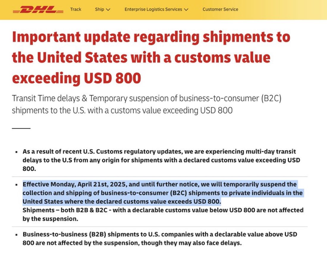 🇺🇸 | AHORA: DHL Express suspende los envíos a EEUU por valor superior a 800 dólares debido a un aumento significativo de los trámites burocráticos en las aduanas tras la introducción del nuevo régimen arancelario de Donald Trump.

El gigante de la mensajería anunció que