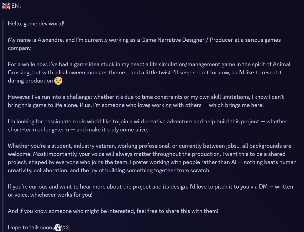 PanCapitaine's tweet image. 🇫🇷 FR : Bonjour, je lance sûrement une bouteille à la mer mais je suis à la recherche de personne motiver pour une idée de jeu.
🇬🇧 EN : Hi, this is probably a shot in the dark, but I’m looking for motivated people to work on a game idea.
#GameDesign #IndieGameDev #gameprogrammer
