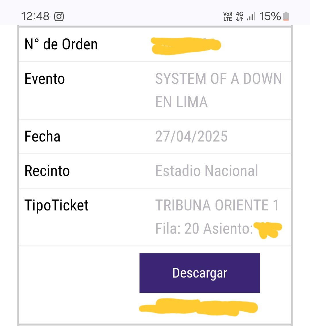 JoseMaChue's tweet photo. Vendo entrada para SYSTEM OF A DOWN en Lima, Perú. Tribuna ORIENTE 1 numerado. 
982171105 https://t.co/RoDplykeaT