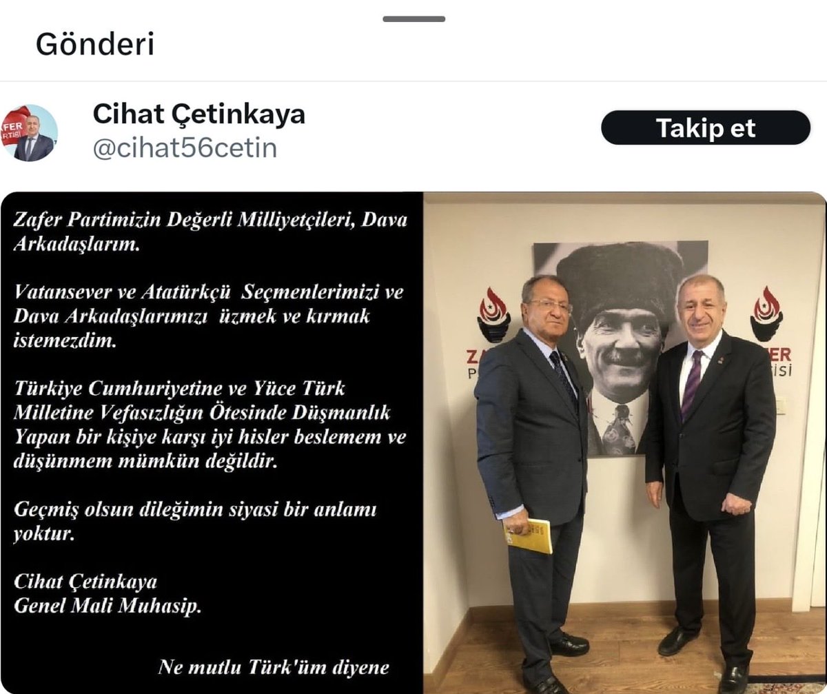 Dileğinin siyasi anlamı yokmuş!!! Bak bak bak. Özrü kabahatinden büyük. Ben Zafer Partisinin kurucusu olarak seninle dava arkadaşı olmayı kabul etmiyorum. Hemen istifa et. 
⁦<a href="/AliSehirlioglu/">Prof.Dr. Ali Şehirlioğlu</a>⁩ 
⁦<a href="/zaferpartisi/">Zafer Partisi</a>⁩ 
@nihat56cetin