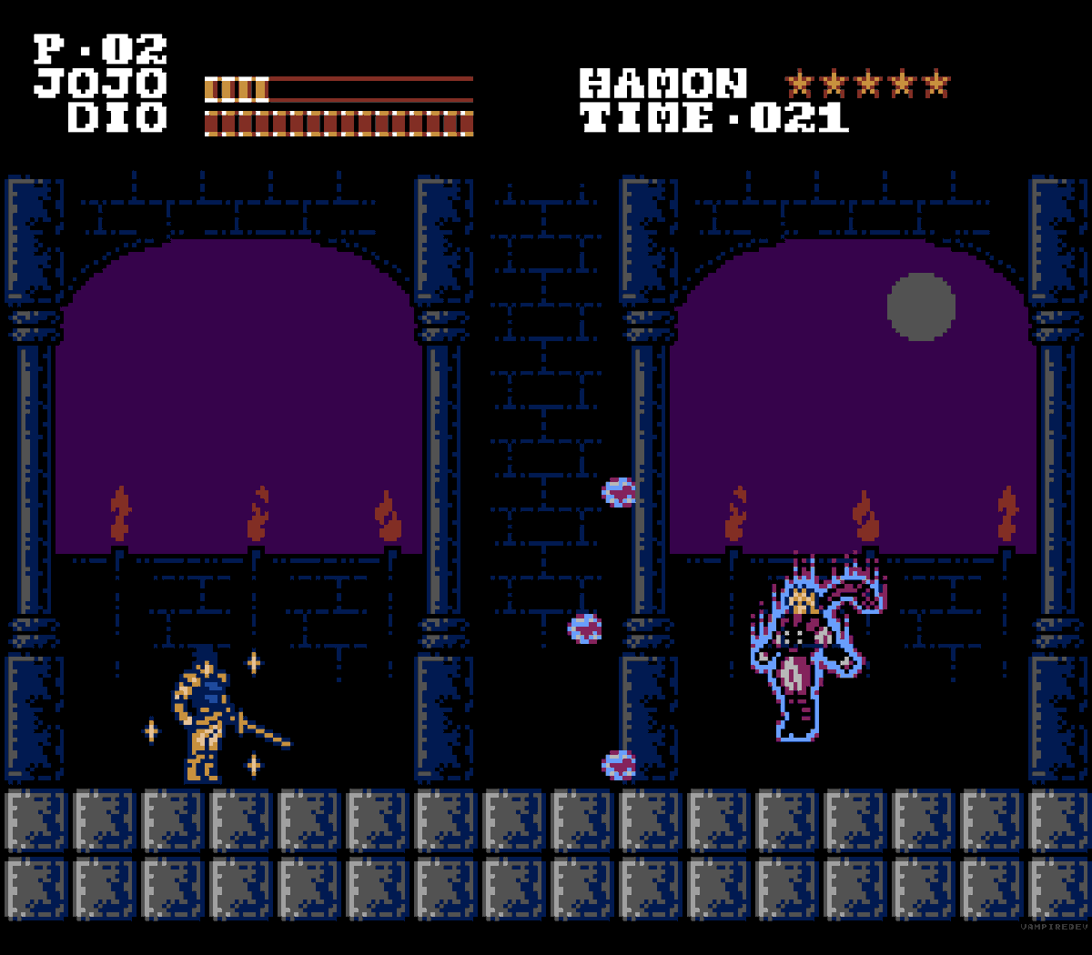 I'm very surprised that Phantom Blood didn't get a game  adaptation until 2006. 
It has strong Castlevania vibes and I feel it would have worked perfectly as a short NES game, so I made this small mockup of it.

#pixelart #ドット絵 #JoJosBizarreAdventure