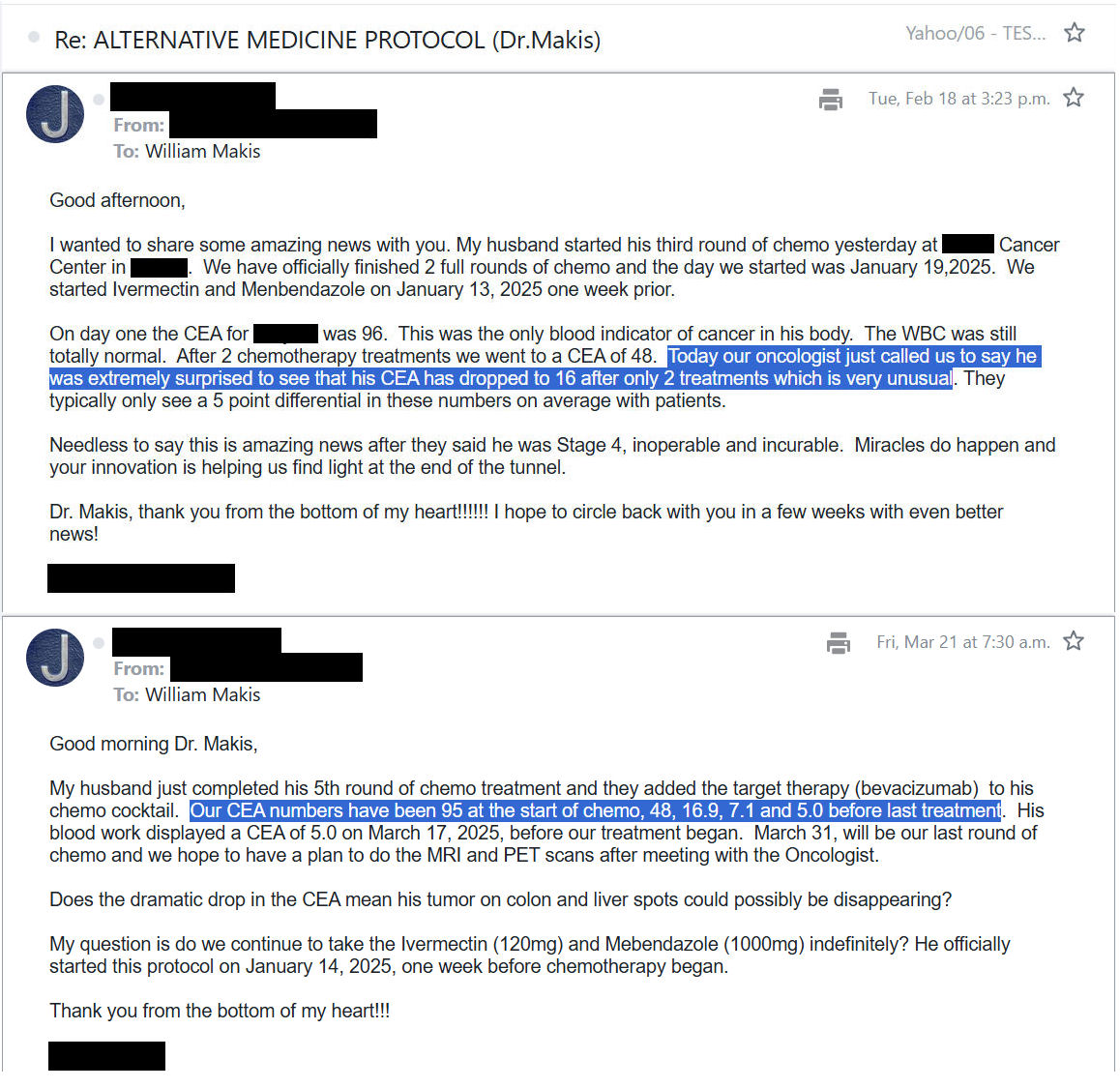 MakisMedicine's tweet photo. NEW ARTICLE: IVERMECTIN and MEBENDAZOLE Testimonial - 57 year old man with Stage 4 Colorectal Cancer (TURBO CANCER) sees dramatic improvement in 3 months! CEA drops from 96 to 3.3, liver metastasis shrinks 88%

All of these successes are going to be published one day! 😃

Today's Ivermectin success story is Stage 4 Colorectal Cancer.

STORY:

57 year old man with Stage 4 Colorectal Cancer metastatic to liver

"my beloved husband is 57 years old and just diagnosed with Stage 4 Colon and liver cancer. A doctor told us he is inoperable and incurable...the only thing i can attribute this to is that stupid vaccination"

They reached out to my Ivermectin Cancer Clinic in January 2025

He started 120mg Ivermectin and 1000mg Mebendazole on Jan.13, 2025, along with chemo on Jan.19, 2025.

After exactly 3 months:

CEA dropped from 96 to 48 to 16.9 to 7.1 to 5.0 to 3.3 (normal)

“Oncologist was extremely surprised” by the dramatic drops in CEA

3.6cm Liver segment II metastasis shrunk to 1.8cm (87.5% shrinkage in tumor volume, according to Grok-3)

Always look for the Oncologist’s surprised reactions which will tell you what can be attributed to the chemo and what can be attributed to Ivermectin, Fenbendazole or Mebendazole.

I run the world's largest Ivermectin Cancer Clinic while fighting with corrupt lawyers and while my family is being threatened by Alberta Premier Danielle Smith's government thugs who raided my @STRIPE account and threatened me with 83 days imprisonment by committing fraud in Court.

Thank God I have International support and supporters who helped my @GiveSendGo Legal fund raise over $200,000 to defend myself from these vicious attacks!

No one can stop the coming revolution in Cancer Care and I am here for it.  😃

Thousands of Cancer patients from around the world are benefiting right now!!

Happy Easter! (Christos Anesti!) 🙏

Article Link in photo to avoid shadowban, just re-type the URL in the first photo at the top, into your browser to access.

@joerogan