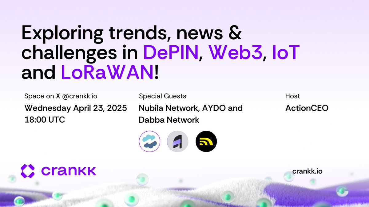 X SPACE: Dive into the Future of IoT, Web3 &amp; DePIN!

Join us on Wednesday, April 23rd at 18:00 UTC for an insightful X Space hosted by @action_ceo 

Featured Guests:
• Matt, Spaces Host at <a href="/nubilanetwork/">Nubila Network</a> 
• Aleksander Markin, CEO of <a href="/AYDO_AI/">AYDO</a> 
• Karam, CEO of <a href="/DabbaNetwork/">Dabba Network 🟨</a>