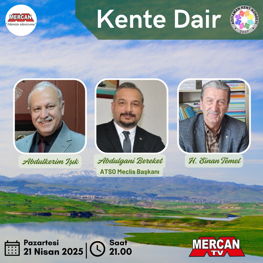 Kente Dair bu hafta yine ilginizi çekecek konu ve konuğumuzla sizlerle.
Konuğumuz ATSO Meclis Başkanı Abdulgani Bereket ile "Adıyaman, Tarım, Sanayi, Gıda ve İsrafla Mücadele" üzerine konuşacağız.
Kente Dair 21 Nisan Pazartesi saat 21.00'de Mercan TV'de.
#KenteDair 
#Adıyaman