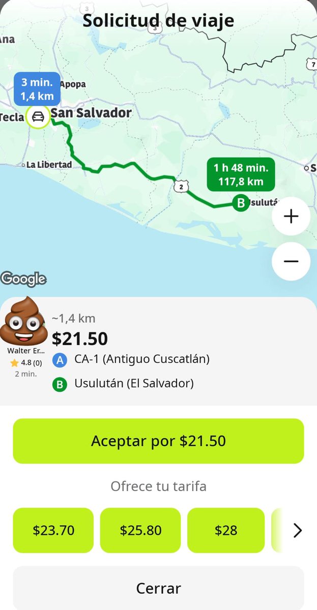 MrNewsv's tweet photo. Sres @indriverlatam @indrive en #ElSalvadorSV deben fijar o congelar los #PRECIOSUGERIDOS porque de lo contrario #NOHABRANPRECIOSJUSTOS PARA LOS #DRIVERSV. LOS PASAJEROS ALTERAN ESOS PRECIOS SUGERIDOS @CNNEE @TelemundoNews @EFEnoticias @elsalvador https://t.co/oN35Lj76TV
