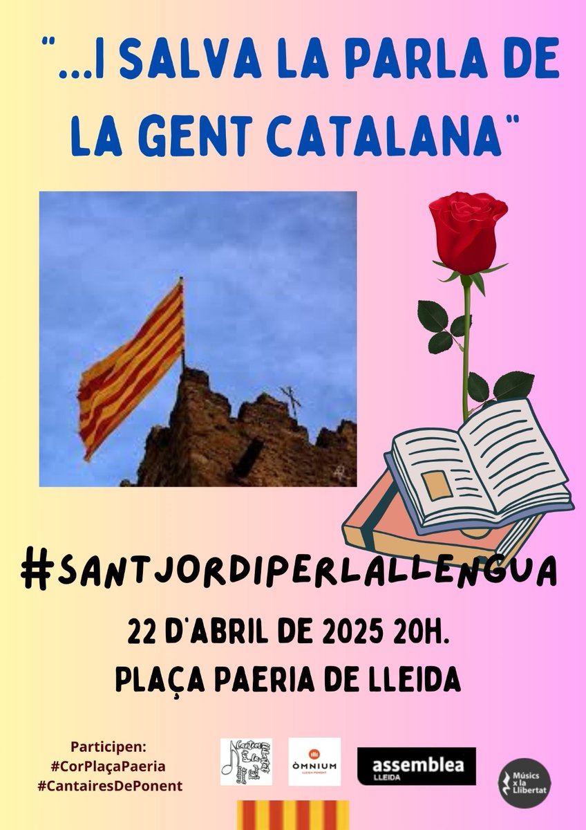 Dimarts intervindré en el #SantJordiperlallengua convocat pel Cor Plaça Paeria, els Cantaires de Ponent, Músics per la Llibertat, Òmnium i l'ANC. Si deixem morir l'idioma, deixem morir la nació. Cal ser-hi! La vigília de Sant Jordi a les 20 h, tothom a la plaça Paeria de Lleida!