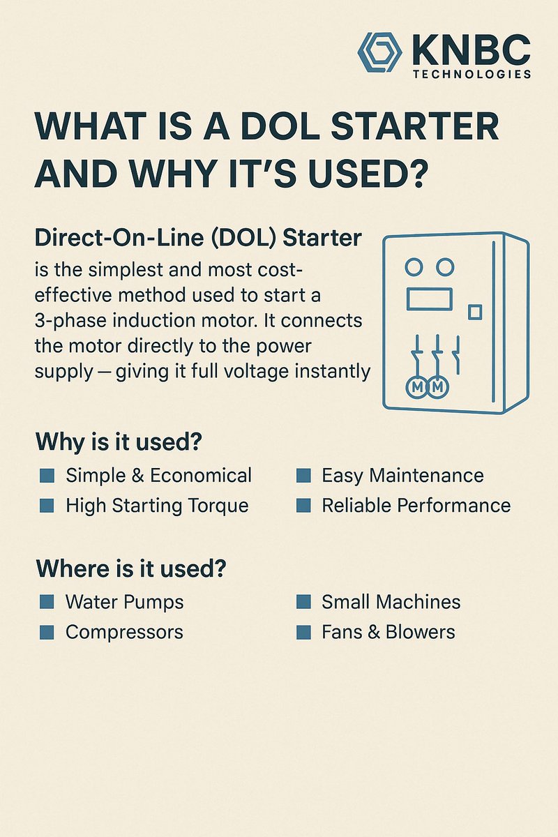 KNBCTECHNOLOGIS's tweet photo. What is a DOL Starter? | KNBC Technologies

At KNBC Technologies, we provide customized DOL Starter Panels with Auto/Manual mode, built-in protection, and smart monitoring options.

Need help with your industrial motor control panel?
Reach out to us today! https://t.co/7xL68wX82l