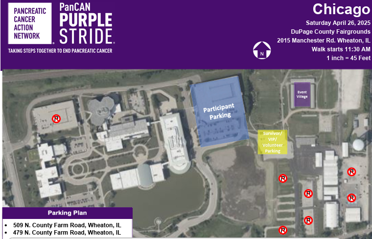 Reminder of our new location for PanCAN #PurpleStride #Chicago tomorrow: DuPage County Fairgrounds. 
LOTS of parking.
The route is 1.27 miles.💜💜

Event Schedule:
10 a.m.– Registration Opens
11 a.m.– Opening Ceremony
11:30 a.m.– Walk Begins
1:30 p.m.– Event concludes