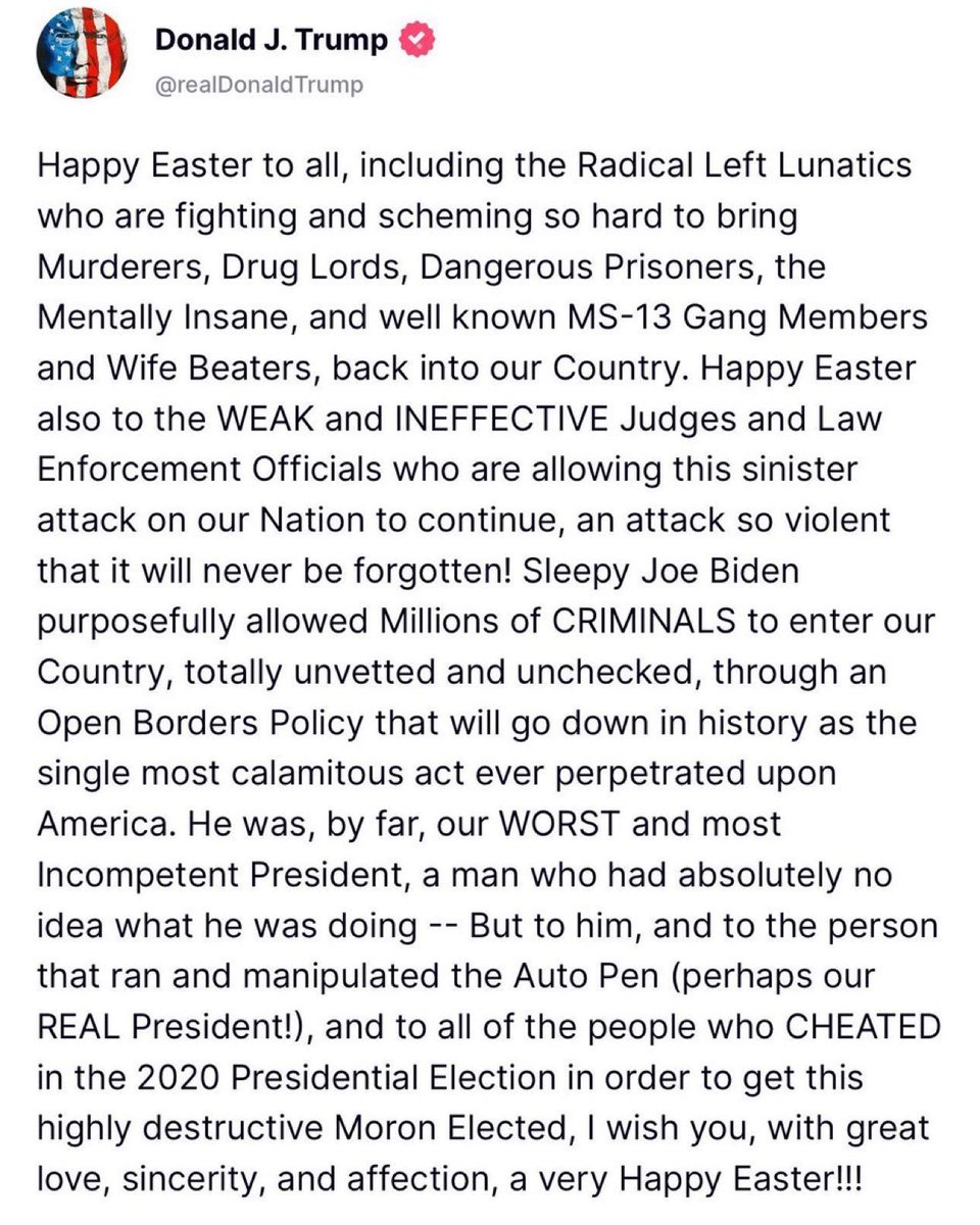 Trump’s Easter message fused holiday wishes with rage and accusation—an eruption of grievance cloaked as greeting. Critics note this pattern: his insults often mirror his own legal peril. Indicted for a coup, espionage, and fraud, his attacks read like confessionals.