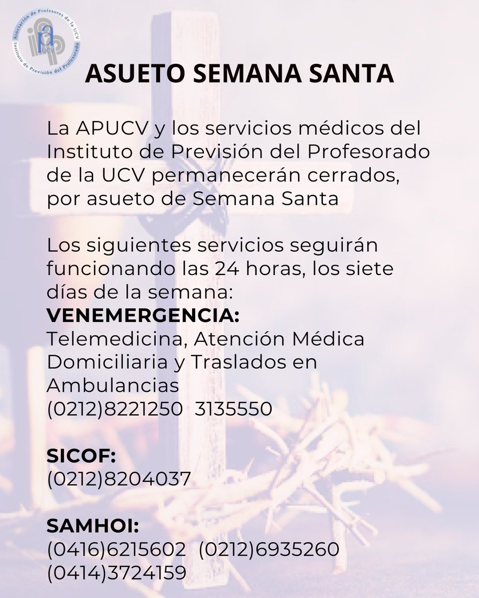 APUCV's tweet photo. Información importante para nuestros afiliados.

#IPPUCV #Profesores #SemanaSanta https://t.co/ulXdBTZoWe
