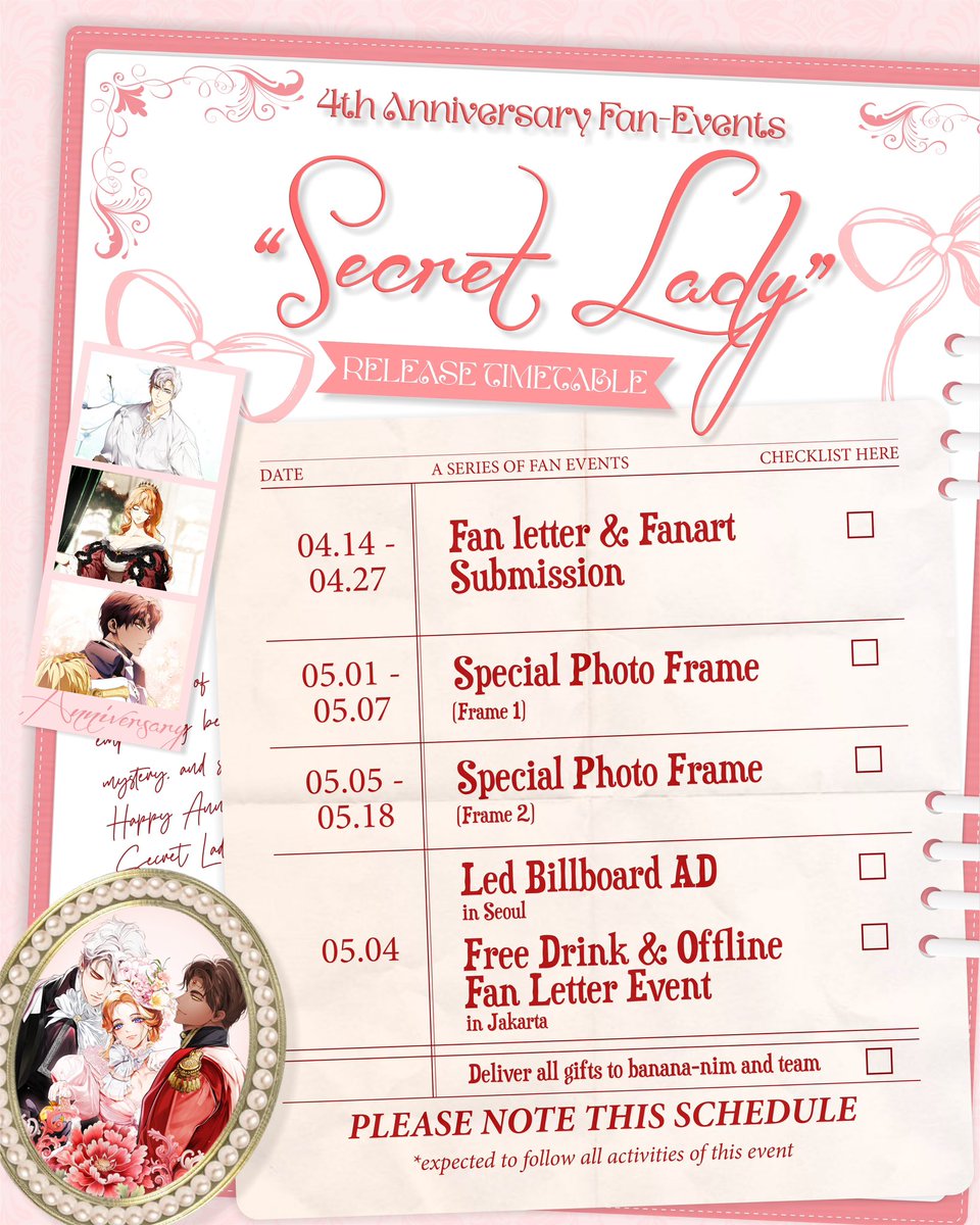 🎂 The celebration begins

<Secret Lady>’s 4th anniversary is almost here, and we have prepared a series of special events just for you!
Join the fun and be part of this magic ✨

<시크릿 레이디> 4주년 기념 이벤트 일정! 💖
자세한 내용은 아래 공지를 참고해주시길 바랍니다.