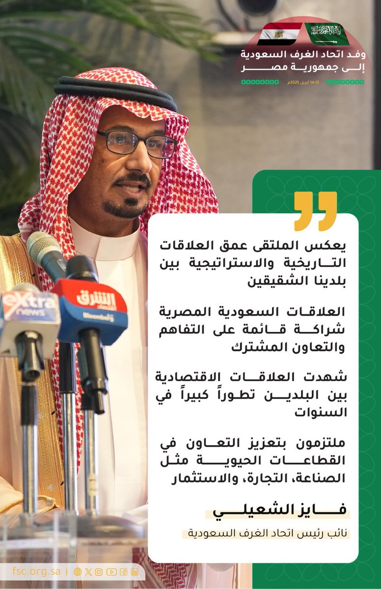 نائب رئيس اتحاد الغرف السعودية 
أ. فايز الشعيلي :

ملتزمون بتعزيز التعاون في القطاعات الحيوية مثل الصناعة، التجارة والاستثمار 

#اتحاد_الغرف_السعودية 
#وفد_اتحاد_الغرف_لمصر