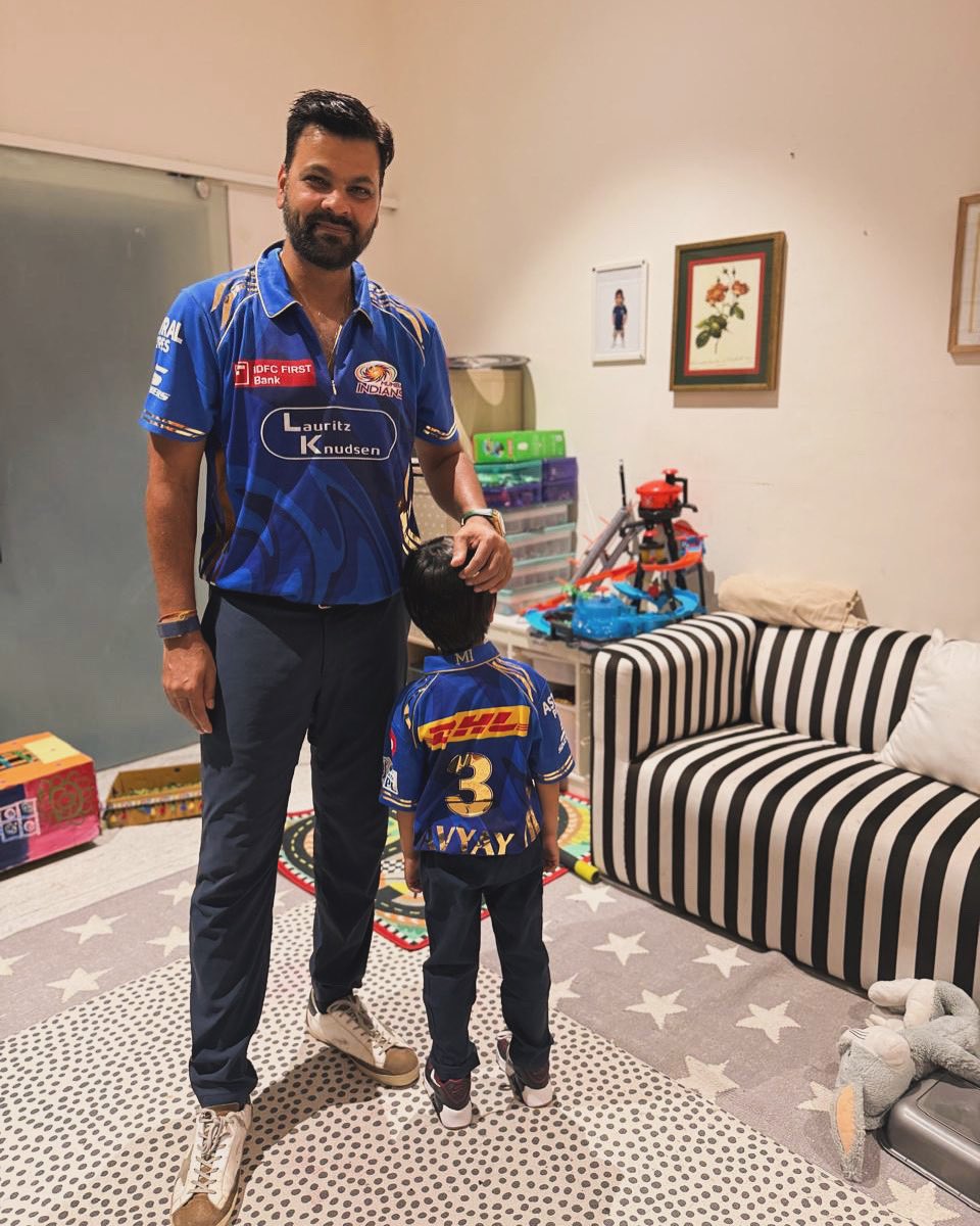 rpsingh's tweet photo. Game day 🏏 Wearing our #MI jerseys, ready to cheer the team on with my little champ 💙
Nothing beats sharing the thrill of cricket with the next gen 🚀
#CricketWithDad #DCvsMI #RPSwing https://t.co/HcWvK3kgV3