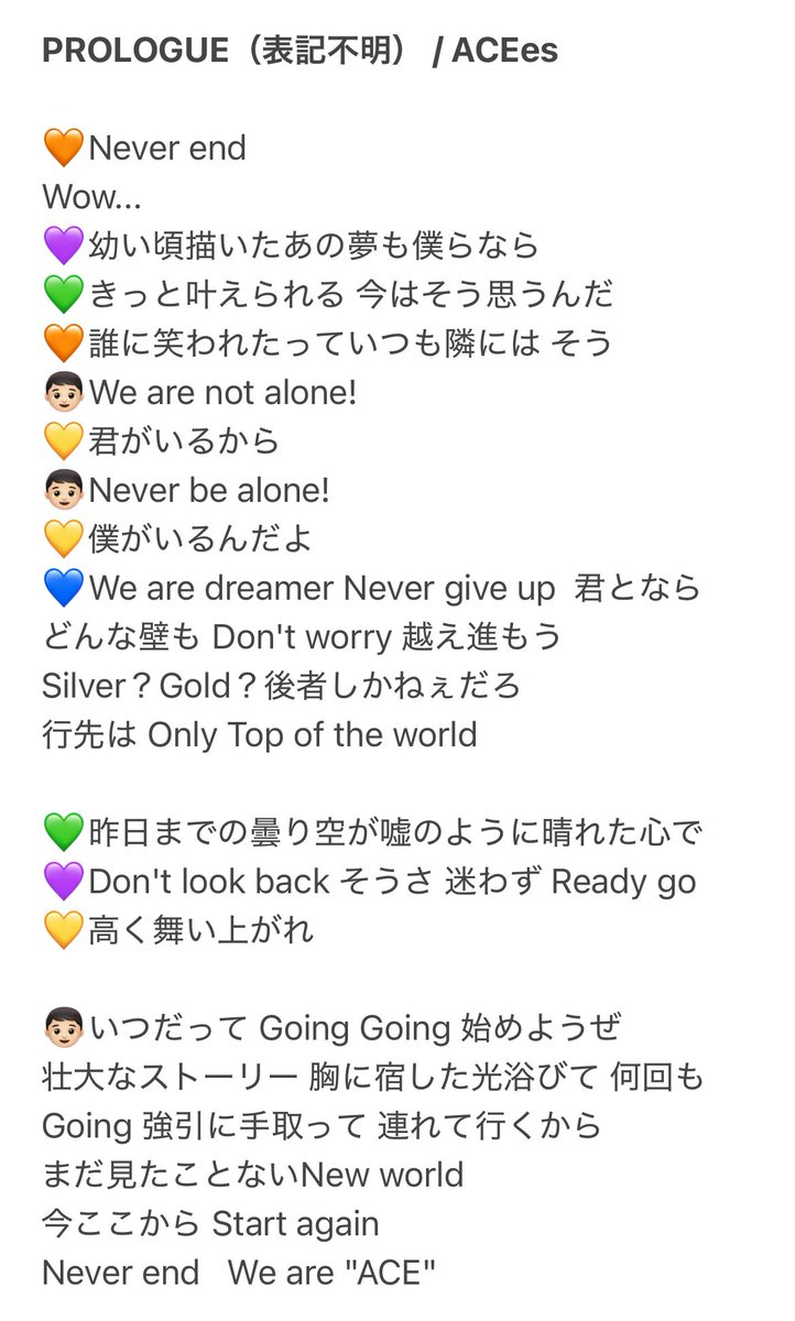 ___tkrms's tweet photo. ACEes 新曲 PROLOGUE（プロローグ）
※表記不明

歌詞と歌割り！
今日モニターで確認してきたから合ってると思います！
👦🏻=全員
💙=那須雄登
🧡=浮所飛貴
💚=深田竜生
💜=作間龍斗
💛=佐藤龍我 https://t.co/AO84j9nVAP