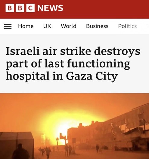 The BBC compelled to change their headline from their normal 🇮🇱 propaganda. 

Hospitals are protected by the Geneva Convention. 

The BBC is a disgrace.