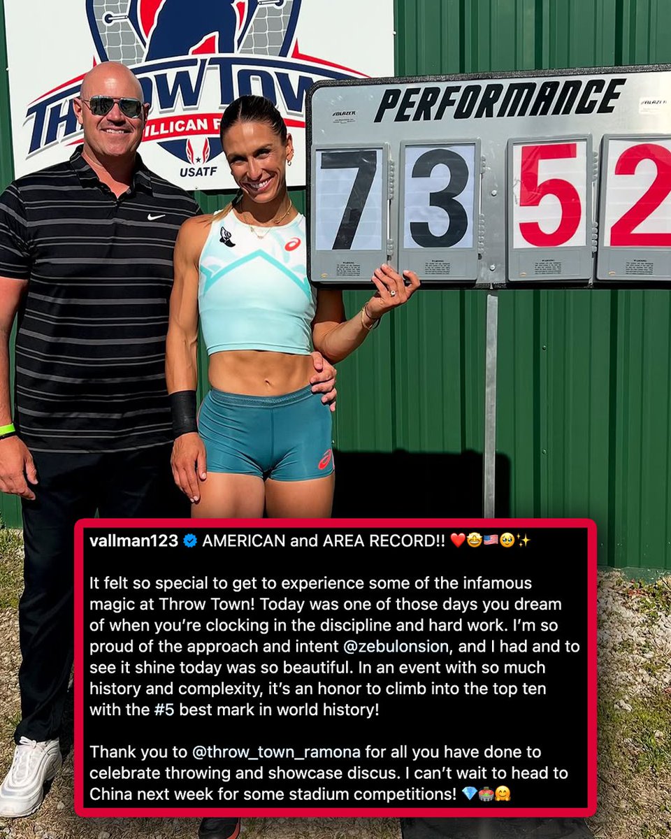 Travis Miller (@travismillerx13) on Twitter photo 🇺🇸Valarie Allman off to a hot start to the season with an American record and World No. 5 all-time 73.52m in the discus!
(📷: <a href="/vallman123/">Valarie Allman</a>) 🇺🇸Valarie Allman off to a hot start to the season with an American record and World No. 5 all-time 73.52m in the discus!
(📷: <a href="/vallman123/">Valarie Allman</a>)