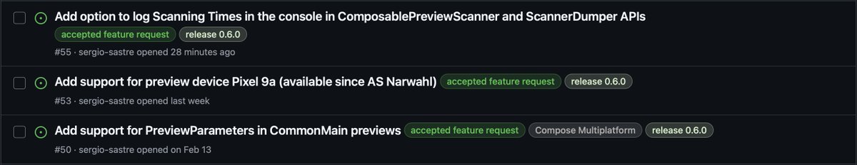 I'm quite busy lately, but I estimate ComposablePreviewScanner 0.6.0 will be released within the next 2 weeks.

Among other things, I'll add an option to the API to log scanning times, feel free to give some Feedback on what to log before it is released😊
github.com/sergio-sastre/…