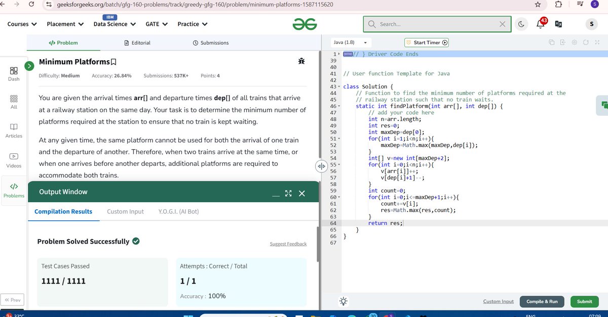 Day 133/160 of #geekstreak2024 by
<a href="/geeksforgeeks/">GeeksforGeeks | Learn to Code</a>
Question :Minimum Platforms #geekstreak2024 #gfg160 #womenintech