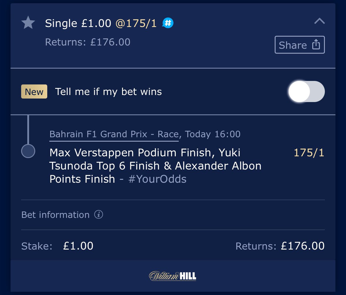 PurpleTipster's tweet photo. Bahrain Grand Prix bets:

Can only find 2 with the bookies today, everything else terrible odds

Antonelli to beat Verstappen - 1 point at 9/10 with MGM

Plus this long shot punt on the off chance Red Bull have some straight line speed up their sleeve - worth a quid at 175/1 https://t.co/p8kYh85i9d