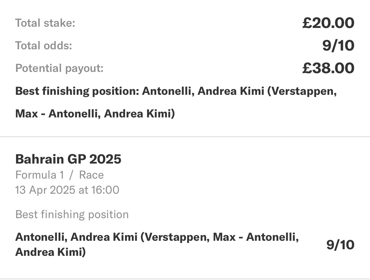PurpleTipster's tweet photo. Bahrain Grand Prix bets:

Can only find 2 with the bookies today, everything else terrible odds

Antonelli to beat Verstappen - 1 point at 9/10 with MGM

Plus this long shot punt on the off chance Red Bull have some straight line speed up their sleeve - worth a quid at 175/1 https://t.co/p8kYh85i9d