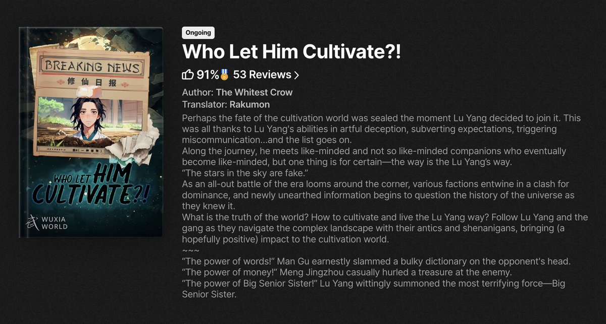 WhySeetl's tweet photo. So I needed a break from the seriousness and complexity of Yuan's Ascension and stumbled upon this absolute gem of a novel. If you're looking for a light-hearted read after a tiring day that will probably send you into fits, this is the one.  #wuxiaworld #yuansascension https://t.co/7YF9eXhXpq