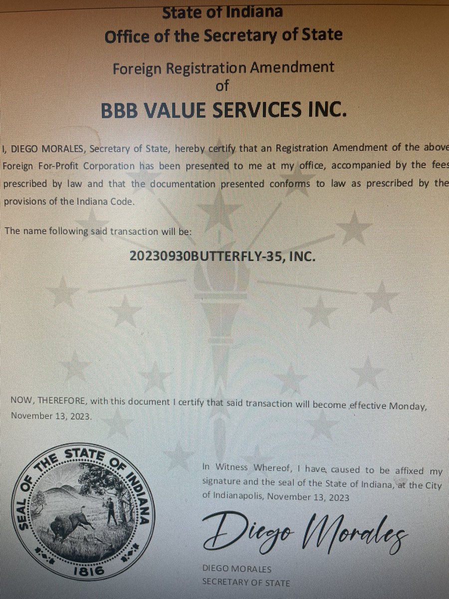 IChooseToBe_1's tweet photo. They must have had the below registration paperwork ready to go waiting on that IRS letter. Below is Indiana registration for BBB Value Services dated 10/27/2023. They then changed the name to 20230930Butterfly-35 Inc on 11/13.

When they registered DK-1 in Indiana the filing date was 9/21/23, the first day they were able to, so something happened 10/27(they got this letter back from the IRS!!) 

From what I can tell the main eight Hold Co’s are below. On the quarterly PCR statements on Kroll these 8 have the 12/31/26 final decree and only these 8 entities listed in Exhibit A while the other PCR’s have 60-70 entities in Exhibit A

Bed Bath and Beyond 23-13359
BBB Value Services 23-13362
BBBY Management Corp 23-13363
BBBYCF LLC 23-13364
BBBYTF LLC 23-3365
Bed Bath & Beyond of Califor. 23-13371
Buy Buy Baby 23-13400
Liberty Procurement 23-13428