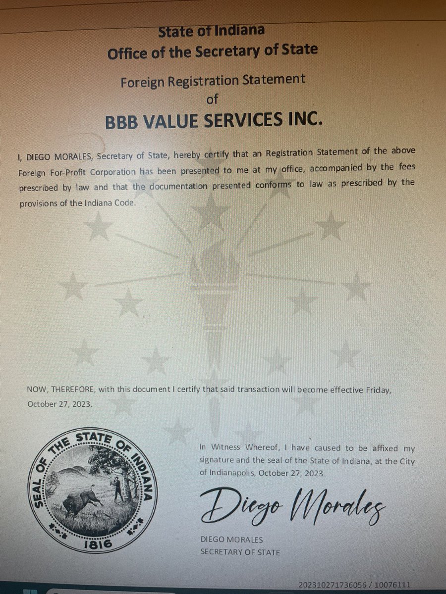 IChooseToBe_1's tweet photo. They must have had the below registration paperwork ready to go waiting on that IRS letter. Below is Indiana registration for BBB Value Services dated 10/27/2023. They then changed the name to 20230930Butterfly-35 Inc on 11/13.

When they registered DK-1 in Indiana the filing date was 9/21/23, the first day they were able to, so something happened 10/27(they got this letter back from the IRS!!) 

From what I can tell the main eight Hold Co’s are below. On the quarterly PCR statements on Kroll these 8 have the 12/31/26 final decree and only these 8 entities listed in Exhibit A while the other PCR’s have 60-70 entities in Exhibit A

Bed Bath and Beyond 23-13359
BBB Value Services 23-13362
BBBY Management Corp 23-13363
BBBYCF LLC 23-13364
BBBYTF LLC 23-3365
Bed Bath & Beyond of Califor. 23-13371
Buy Buy Baby 23-13400
Liberty Procurement 23-13428