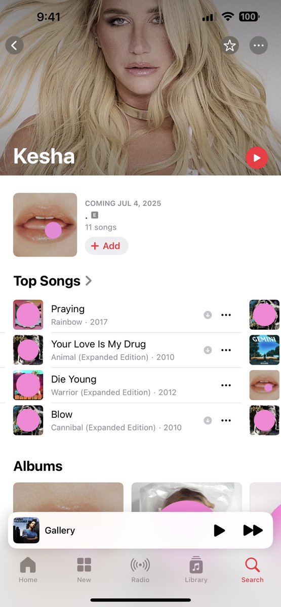 r_ileyg's tweet photo. Can someone tell me what the pink dots on #kesha Apple Music page mean? Should we not be streaming these? Is it for her new album?? I just want to know https://t.co/TOPpTuvDw9