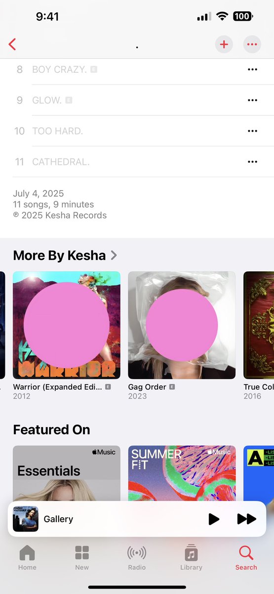 r_ileyg's tweet photo. Can someone tell me what the pink dots on #kesha Apple Music page mean? Should we not be streaming these? Is it for her new album?? I just want to know https://t.co/TOPpTuvDw9
